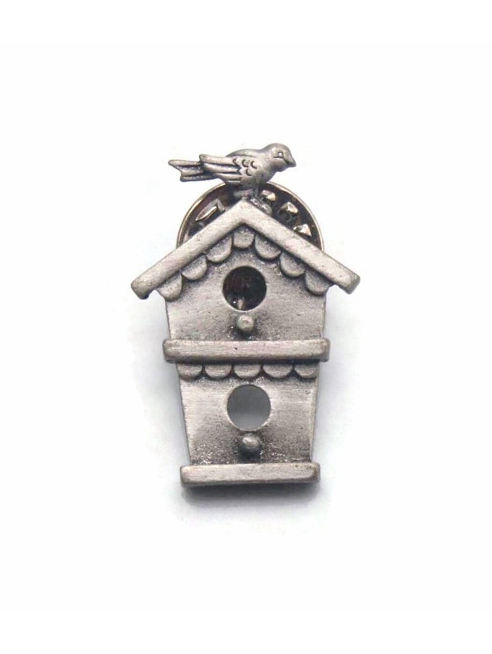 Jonette J.J. Jewelry Pewter Bird House Lapel Pin / Brooch.